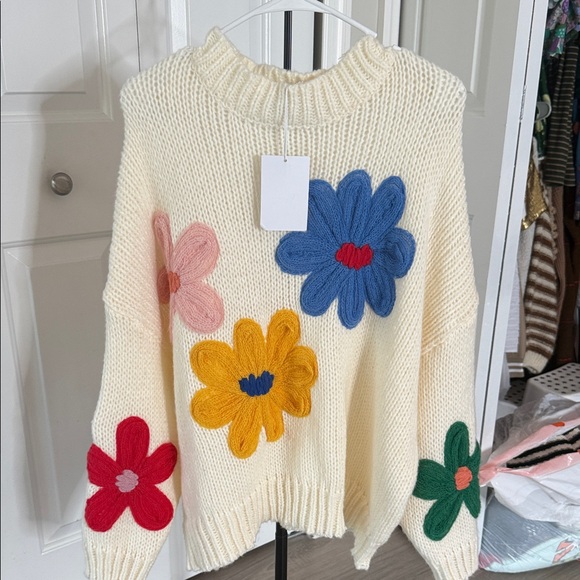 Polagram Cream Sweater with Colorful Floral Accents - Picture 8 of 8